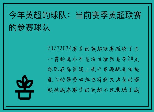 今年英超的球队：当前赛季英超联赛的参赛球队
