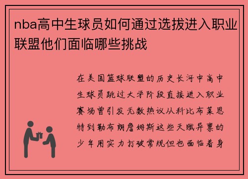 nba高中生球员如何通过选拔进入职业联盟他们面临哪些挑战